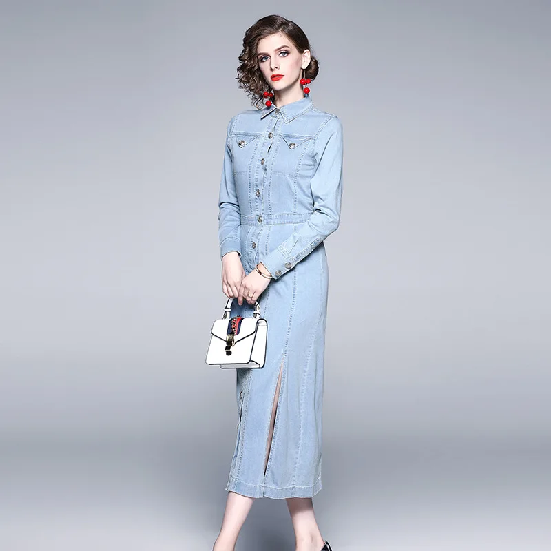 

New Style WOMEN'S Dress 2019 Single Breasted Mid-length Side Slit Long Sleeve Computer Cable Lock Waist Hugging Slimming Elegant