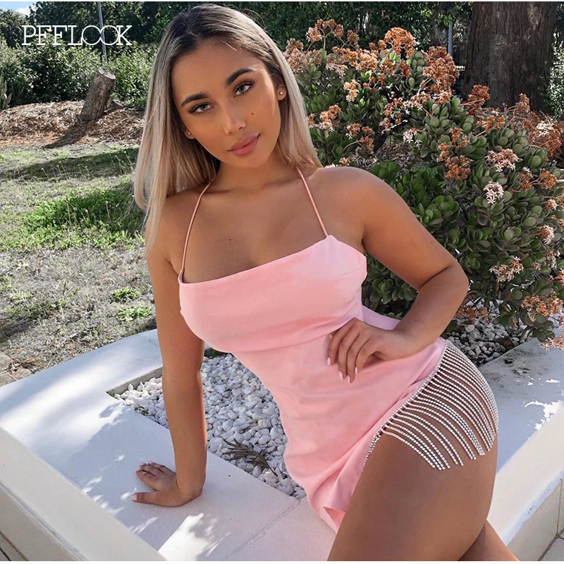 Goede Pfflook 2019 Zomer Sexy Kwastje Diamond Party Dress Bodycon Spaghetti Strap Elegante Witte Jurken Vrouwen Club Mini Vestidos