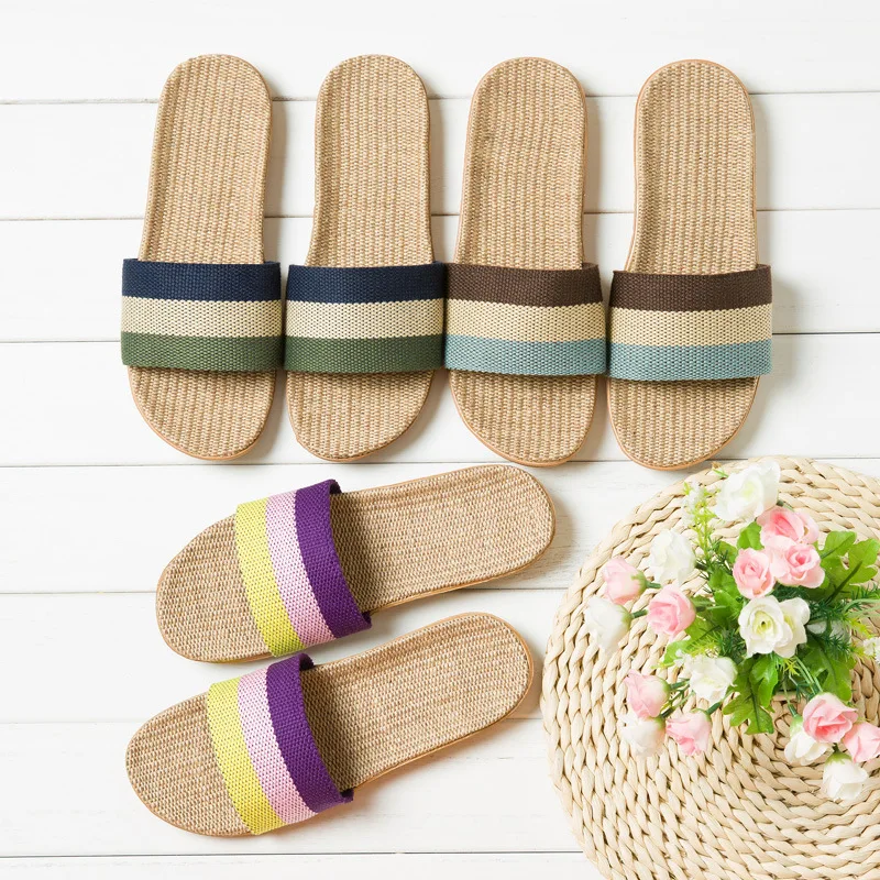 

Linen Slippers Home Couples Indoor Slippers Wood Floor Cotton Linen Household Anti-slip Thick Bottomed Summer Sandals Men And Wo