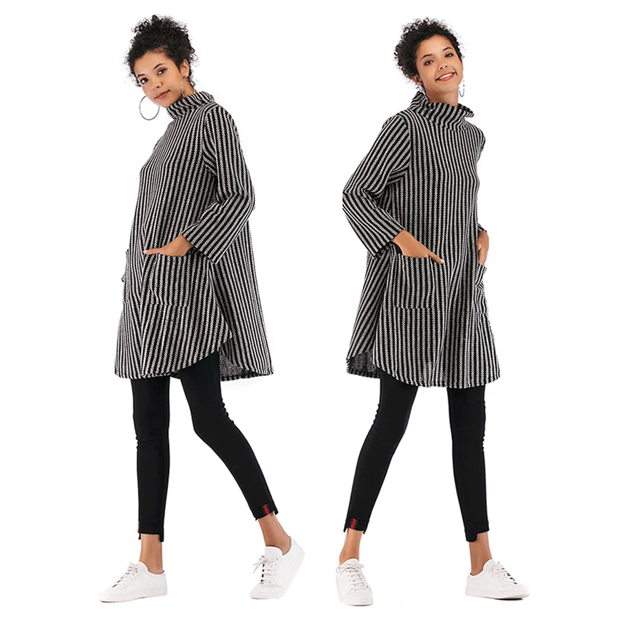 

Casual Loose Ladies Turtleneck Sweater Women Long Tops Autumn and Winter Ladies Pullover Striped Irregular Hem A-line Sweater
