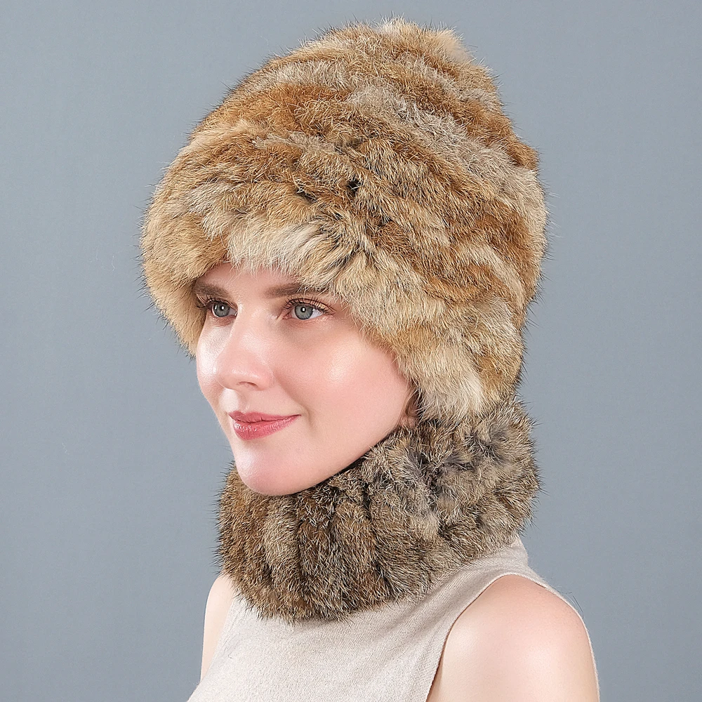 

2020 new rabbit fur hat female winter fashion Korean style rabbit fur scarf winter warm hat ear protection thickened one drop