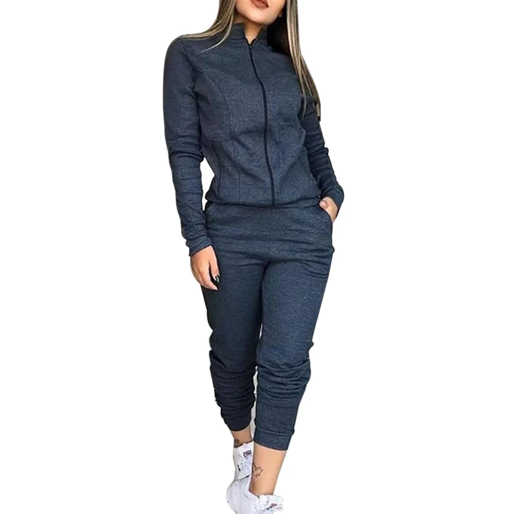 deep grey Осень модные женские туфли спортивный костюм комплект из 2 предметов, спортивная одежда Повседневное с длинными рукавами однотонная куртка на молнии штаны с эластичной резинкой на талии - Цвет: deep grey