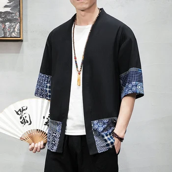 

Harajuku Chinese Style V-Neck Jacket Men Clothes Hip Hop Kimono Mens Jackets And Coats Black Streetwear Men Linen Jacket Coat
