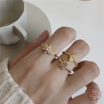 925 Sterling Silver European Punk Hip Hop Ring For Women Pavé Crystal Sun Flower Geometric Index Finger Ring Party Jewelry