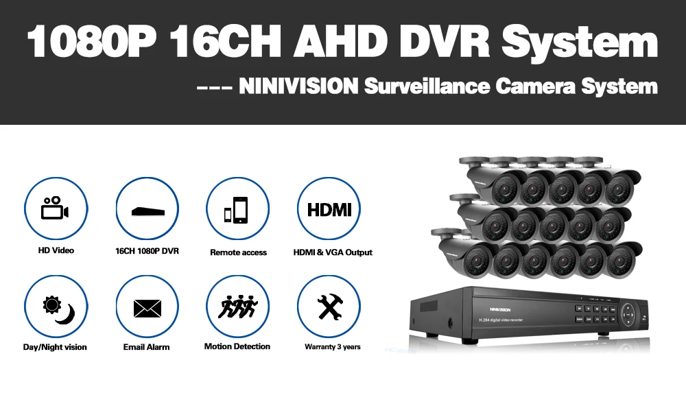 NINIVISION 16-канальный видеорегистратор безопасности 1200TVL видео камера наружного наблюдения комплект 16ch AHD CCTV DVR Запись HDMI 1080P CCTV системы