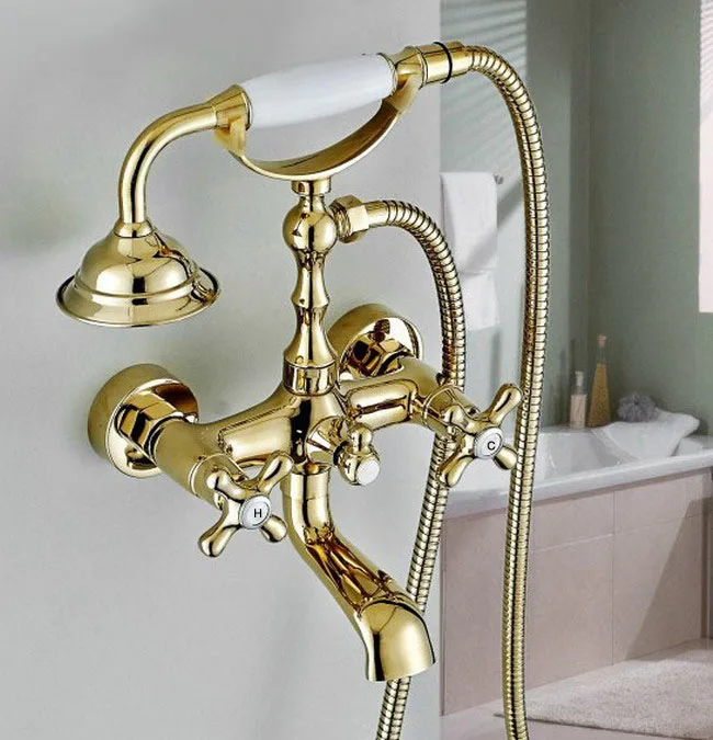 

Wall Mount Golden Color Brass Bathroom Tub Faucet Set with 150CM Handheld Shower Spray Head Mixer Tap 2tf134