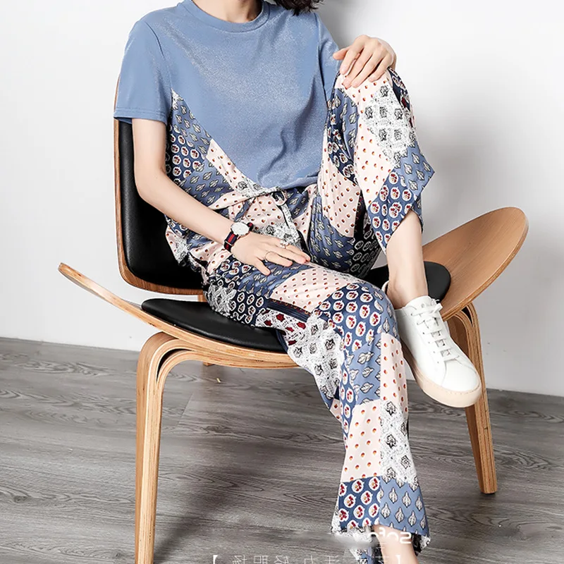 

Loose Pants Casual WOMEN'S Suit 2019 New Style Sense of Design Printed Joint T-shirt Trendy Two-Piece Set Western Style