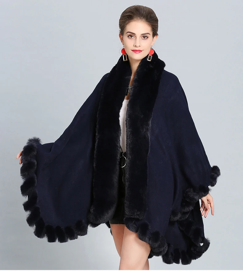 Зимнее модное пальто с большим банановым воротником из лисьего меха, длинный вязаный кашемировый плащ, шаль, пальто для женщин, хорошие вечерние накидки из искусственного меха