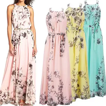 

Plus Size Women Summer Bohemia Floral Print Sleeveless Beach Long Maxi Dress