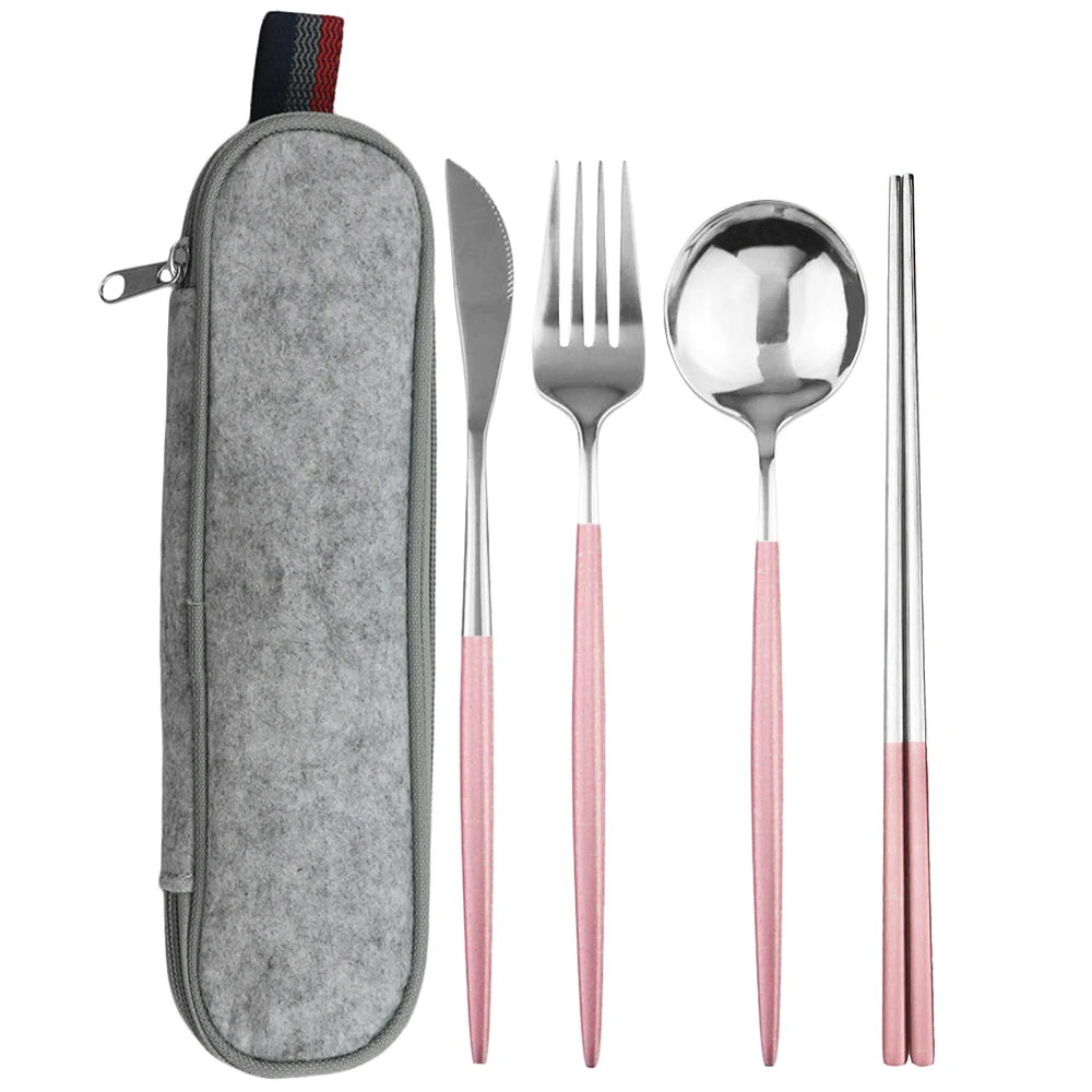 Pink Silver Grey Bag Набор столовых приборов для путешествий, кемпинга, Радужный портативный набор столовых приборов, нож, вилка, ложка, палочки для еды с сумкой, 304 нержавеющая сталь, набор посуды - Цвет: Pink Silver Grey Bag