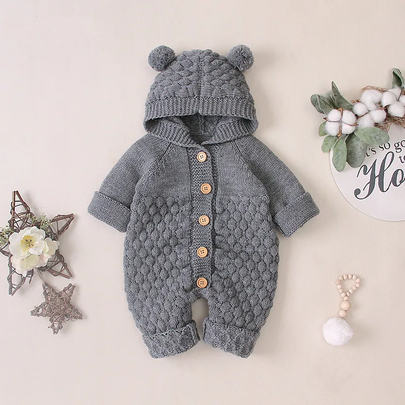 0-24M Newborn Baby Knit Romper Boys Girls Autumn Winter Clothes Long Sleeve Hooded Sweater Jumpsuit Baby Playsuit Outfits