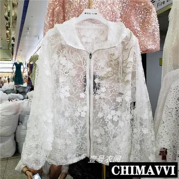 

European 2020 Spring and Summer New Diamond Sequin Hooded Thin Cardigan Lace Embroidery Jacket Female Loose Zip Coats