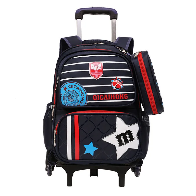 6 wheels blue-red Новинка года для мальчиков и девочек, школьный рюкзак на колесиках, сумки для книг, рюкзаки, съемные детские школьные сумки, 2/6 колесиков, поднимаются по ступенькам - Цвет: 6 wheels blue-red