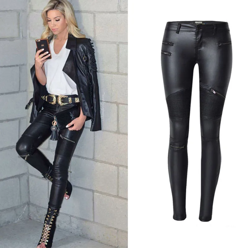 Stretch Leather Pants Motorcycle Woman Black Zipper Leather Pants Women Skinny High Waist Pencil Pants Women Leather Jeans Black