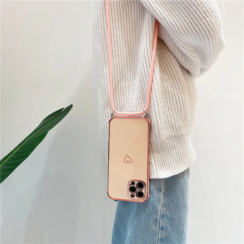 iphone 12 cover case Cute Electroplated Love Heart Lanyard Case For iPhone 11 12 13 Pro Max XS XR X 7 8 Plus Mini SE 2 Cord Rope Necklace Strap Cover apple iphone 12 case