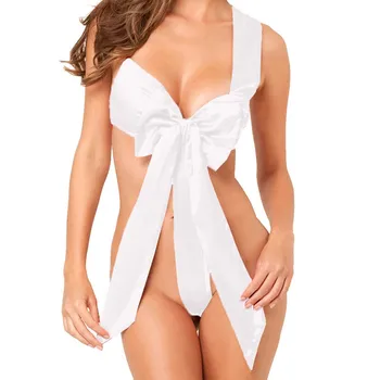 

Porno Sexy Women's Bra Set Ladies Satin Hollow Underwear Lingerie White Bowknot Teddy Plus Size s-2xl Intimate Nightwear Bras