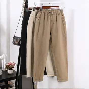 

2019 Women Korean Autumn High Waist Harem Pants Casual Elastic Waist Straight Overalls Triangle Buckle Cargo Pants