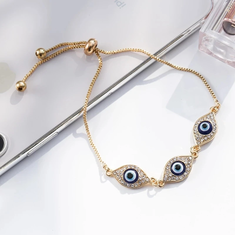 

Fashion Turkish Lucky Luxurious Blue Crystal Evil Eye Bracelets Handmade Gold Chains Lucky Family Appropriate Gifts
