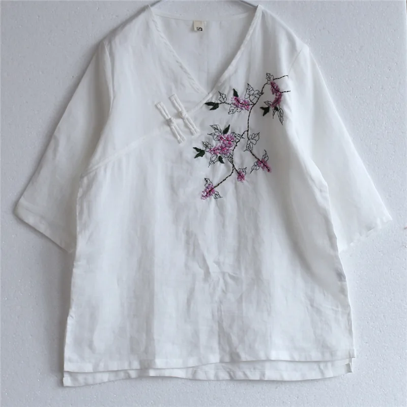 Johnature Women Hand Embroidery Shirts 