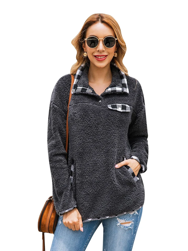 

2019 Pullovers Warm Turtleneck Sweater Fashion Plaid Stitching Pocket Button Streetwear Sweatshirt