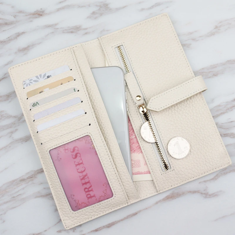 Genuine Leather Women Luxury Lychee Pattern Wallets Long Brand Zipper Coin Purses Female Solid Colors Hasp Thin Clutch Phone Bag