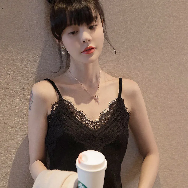 Sexy V Neck Lace Tank Tops Women Camisole Casual Camisole Chic Solid Sleeveless Shirt Female Knit Top