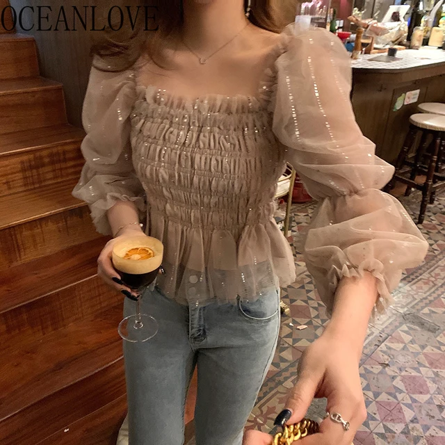 OCEANLOVE Chiffon Blouse Women Tops Solid Slash Neck Puff Sleeve Spring Sweet Shirts Ruffles Sequins Blusas Mujer 2021 Ins 1