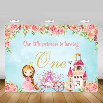 

Our Little Princess is Turning One Birthday Party Photo Background Pink Carriage Royal Castle Backdrop for Photo Studio Flowers