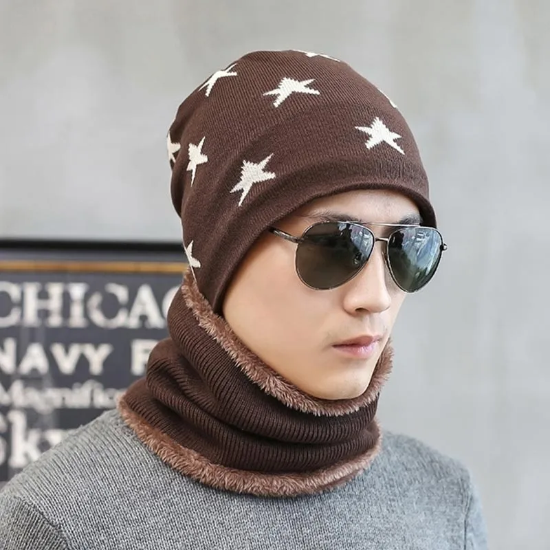 Winter Men Hat Scarf Man Warm Knitted Plush Hat 2 Peice Set Male Geometry Print Beanies Cap And Ring Scarves Adult Accessories