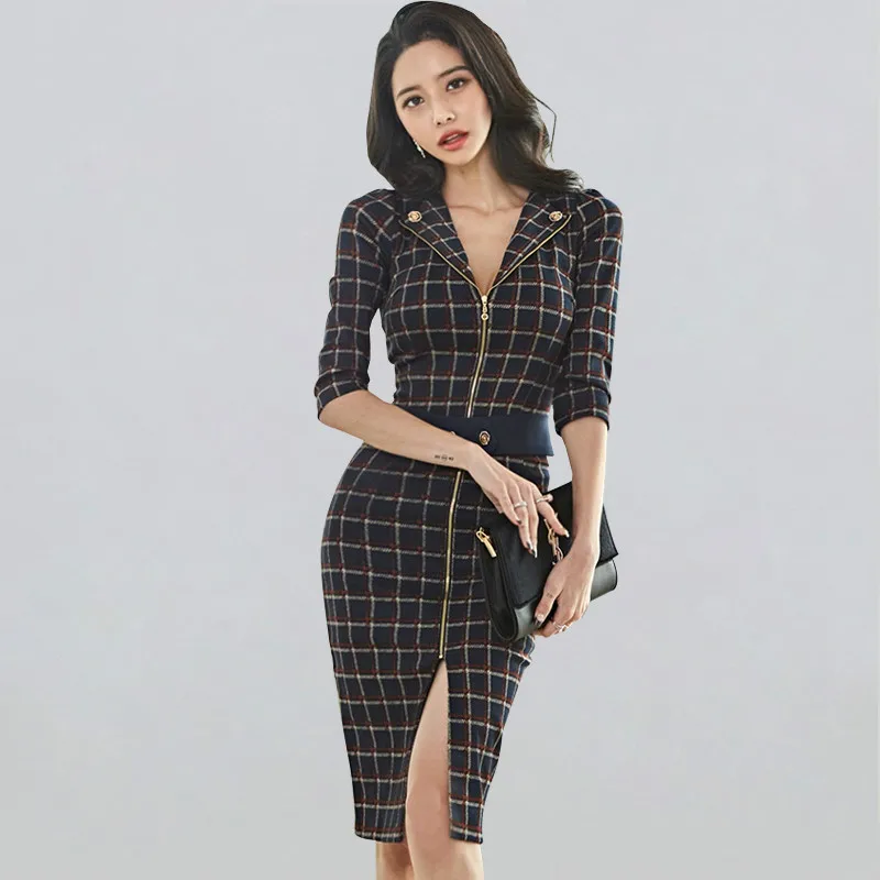 

Zippers Lattice Notched Suits Dress Women 2019 Winter Slim Sheath Bodycon Dresses OL Wear To Work Business Vestidos