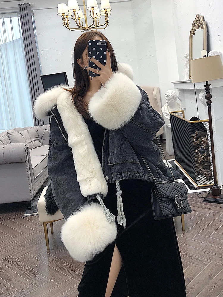 

2020 Women Winter Jacket Denim Parka Real Fox Fur Collar Cuffs Rabbit Lining Warm Loose Outerwear Streetwear Removable