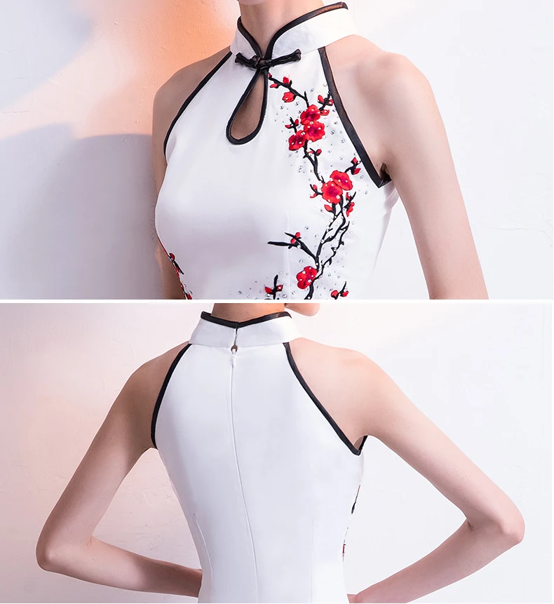 Белый женский Холтер Русалка без рукавов вечерние платья Cheongsam Длинные Свадебные Элегантные Выпускные Макси Qipao бальное платье ретро Vestido S-3XL