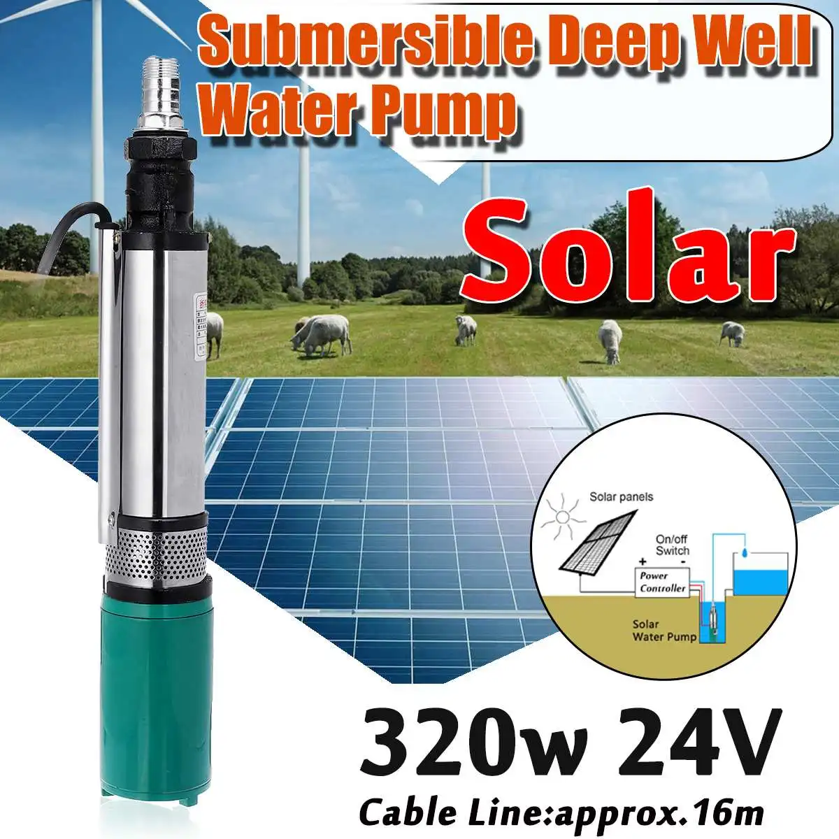 

Professional Submersible Solar Water Pump 320w 24V 5000/h DC 25m Deep Well Irrigation Garden Home Agricultural High Power