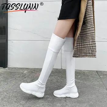 

TASSLYNN 2019 Women Boots Winter PU Basic Round Toe Zip Casual Over The Knee Boots Flat with Med Heels Short Plush Size 34-43