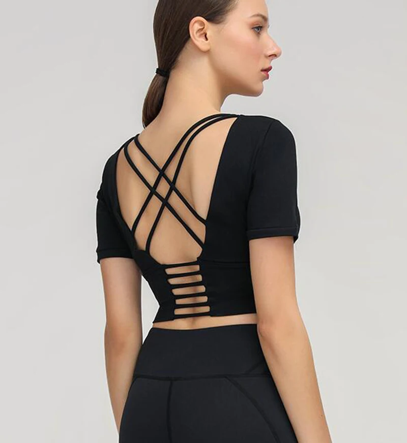 

Nude Skin Padded Gym Crop Top Short Sleeve Sport Top Fitness Women Yoga Top Sports Shirt Backless Cross Up Women Yoga Crop Top