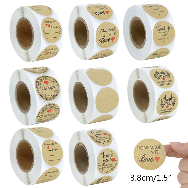 500pcs 1.5inch Kraft Paper Thank You Sticker Handmade with Love Gift  Sealing Stickers Labels Wedding Party Birthday Decorations