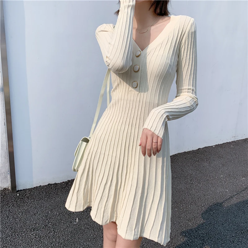 

Korean Style Button Knit Dress Woman Beige Black Bottoming Slim V-Neck Ribbing Short Dresses 2020 Autumn Winter New Arrival