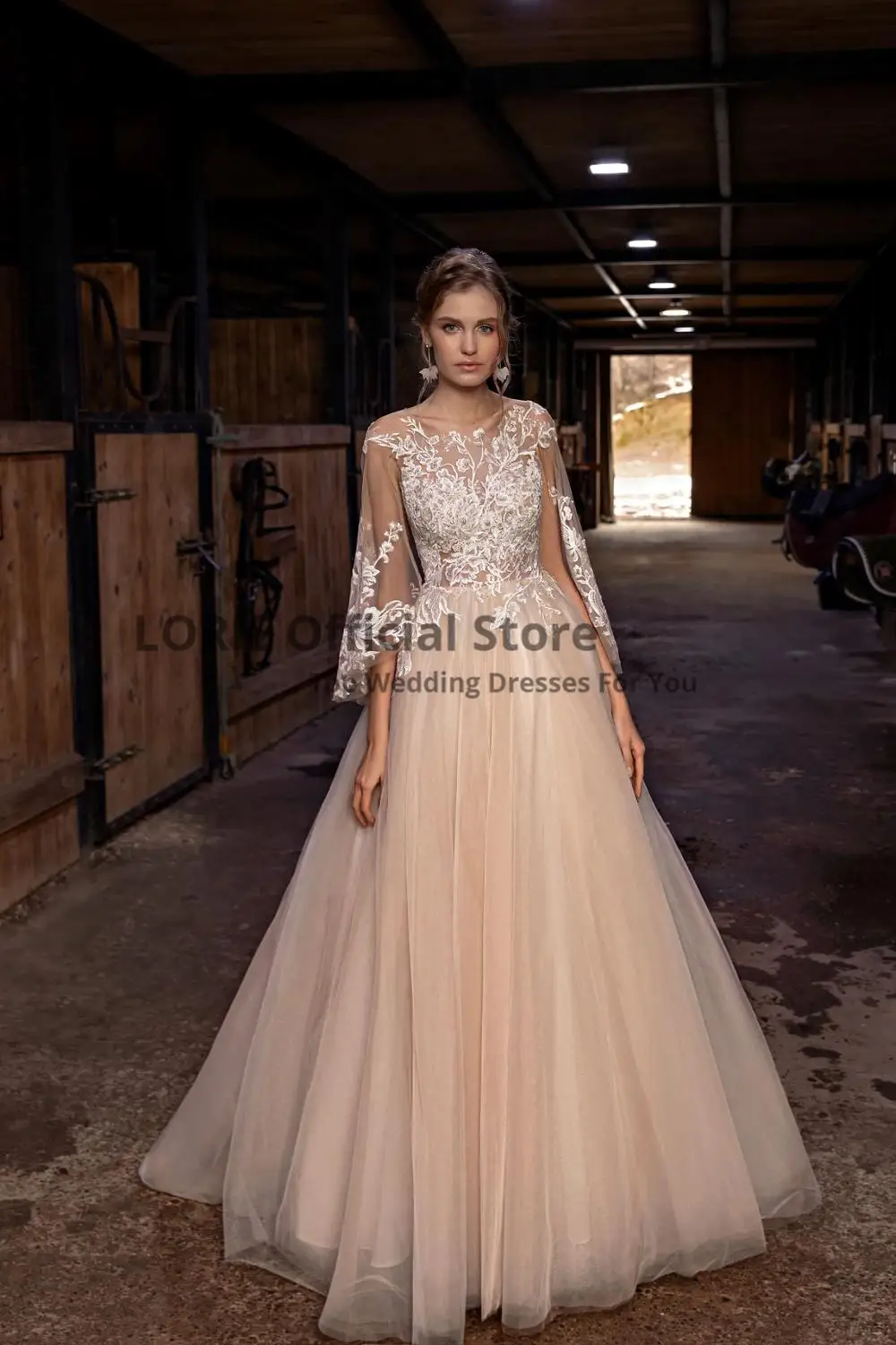 LORIE Vintage Blush Wedding Dresses Elegant Lace Appliques Puffy Long