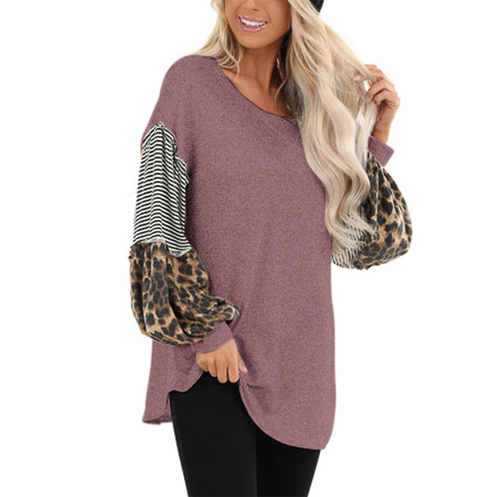 Kureas Women's T Shirt Long Puff Sleeve Casual T-Shirts Fashion Leopard Striped Patchwork Knitted Female Tops Autumn Winter