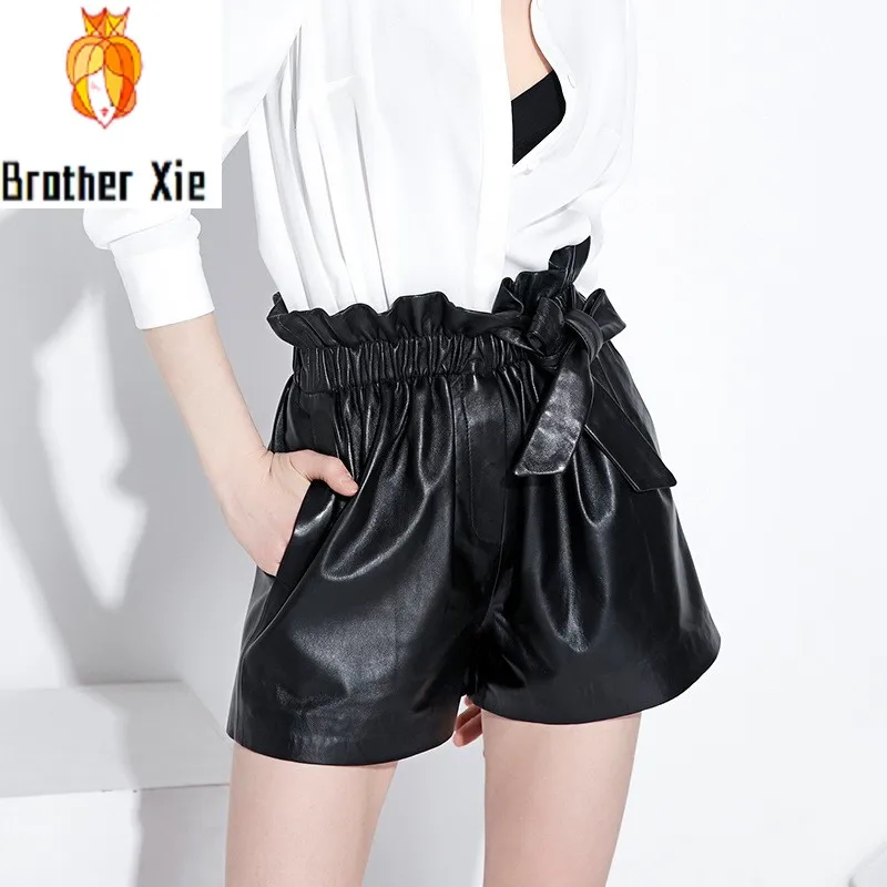 

Womens Leather Shorts 2020 New Korean Fashion Elastic Mid Waist Casual Ruffles Sweet Female Trousers Streetwear Loose Fit Short