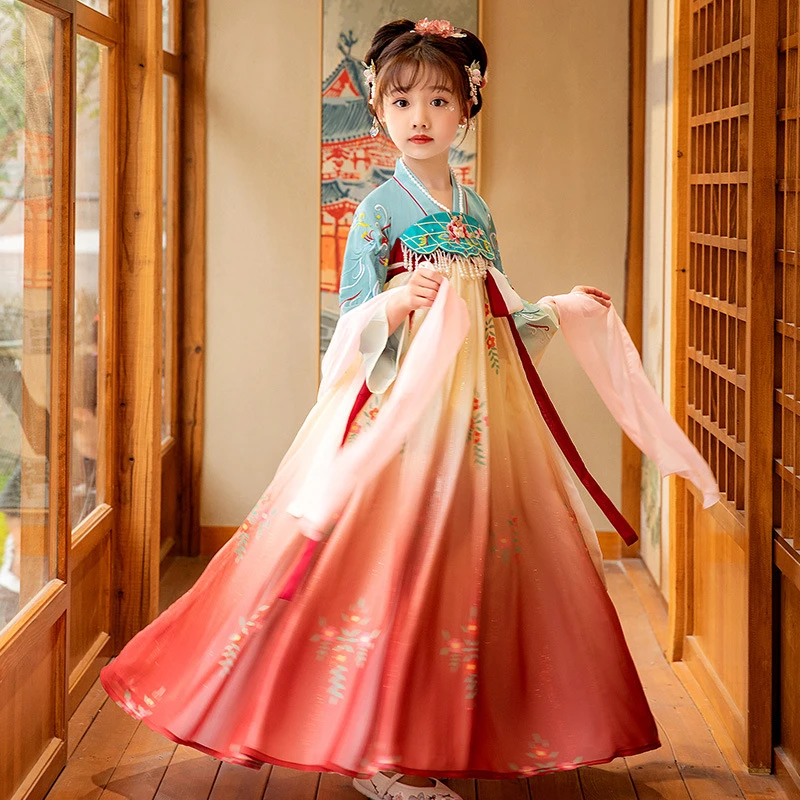 

2021 Fairy Princess Girl Dress Folk Dance Costume Children Traditional Chinese Costume Kids Floral Embroidery Hanfu Dress