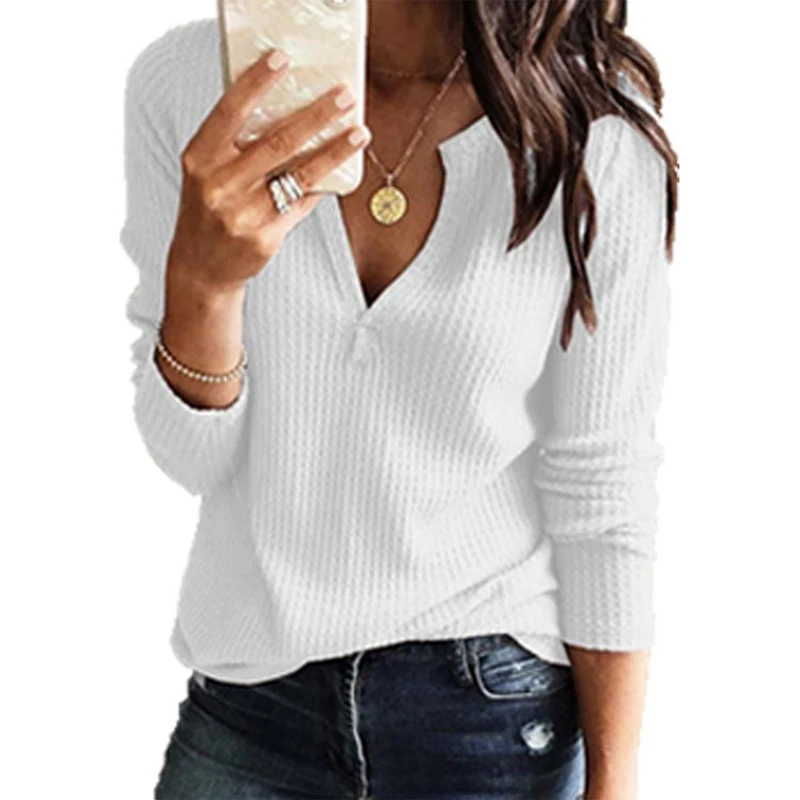 

Women Pullover Tops Long Sleeve Autumn Deep V-neck Slim Fit Ladies Fashion Solid Color Sexy Brand New High Quality 2019 Tops