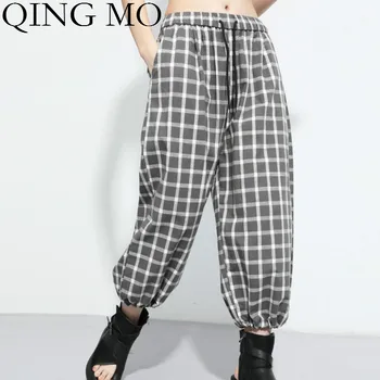 

QING MO Summer Women Plaid Pants 2020 Summer Women High Elastic Waist Trousers Female Ankle Length Harlan Pants ZQY4208