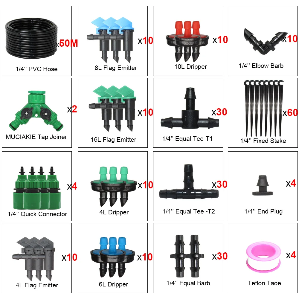 MUCIAKIE 50 м садовый точечный полив система 4L 6L 8L флаг излучатель капельница наборы Садоводство полив растений инструменты микро капельный набор - Цвет: 50m 4l7 kit