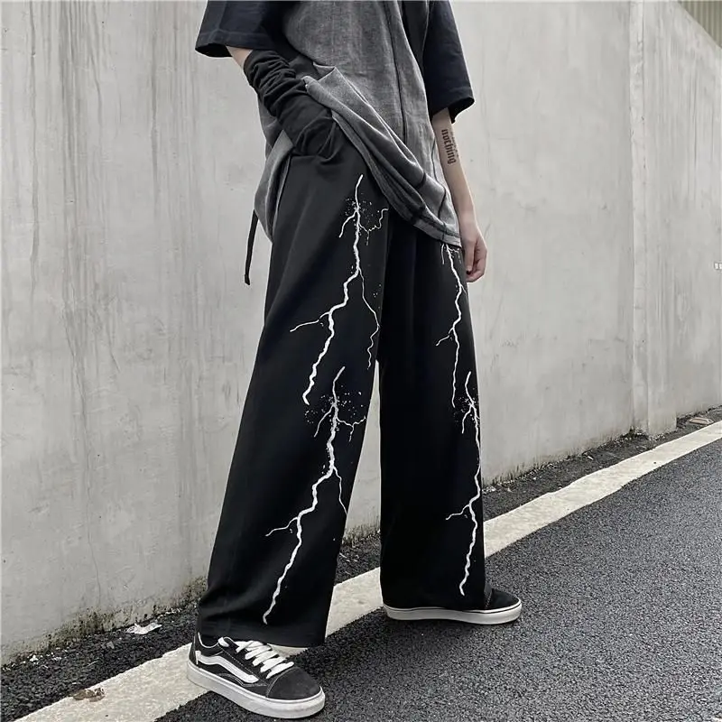 Men summer loose straight lightning print vintage sweatpants high street trousers-size male clothing wide leg pants,wide leg sweatpants