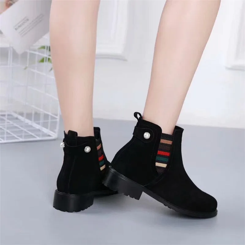 Botas mujer invierno; коллекция года; зимние ботинки с круглым носком на низком каблуке; обувь с жемчугом; удобная женская обувь; chaussures femme