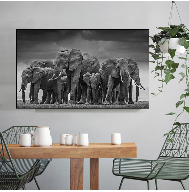 Wall Art Canvas Painting African Elephant Herd Pictures for Living Room Cuadros Decor No Frame Modern Animals Posters and Prints