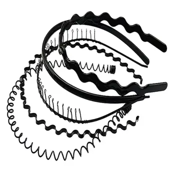 

5Pcs Unisex Simple Black Metal Plastic Hair Hoop Spring Wavy Wash Face Headband