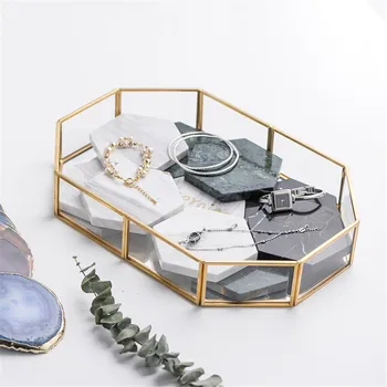 

Geometric Clear Glass Jewelry Box Makeup Organizer Tray Polygon Retro Storage Tray Jewelry Display Stand Home Kitchen Decor