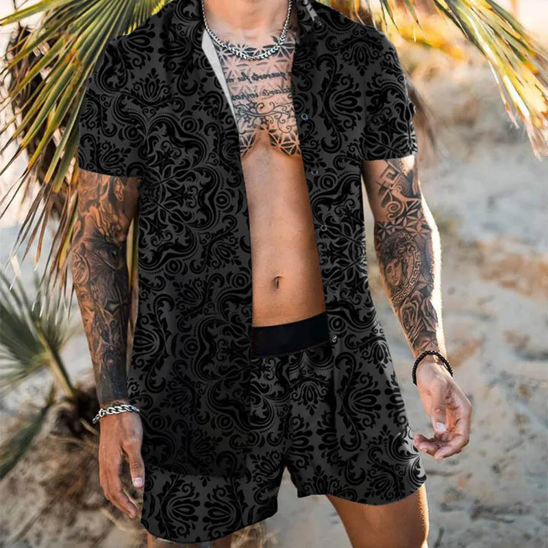 Summer Men Printed Suit Hawaiian Short Sleeve Casual Lapel Shirt Large Size Stretch Shorts Sports Suit 2-Piece Streetwear S-3XL